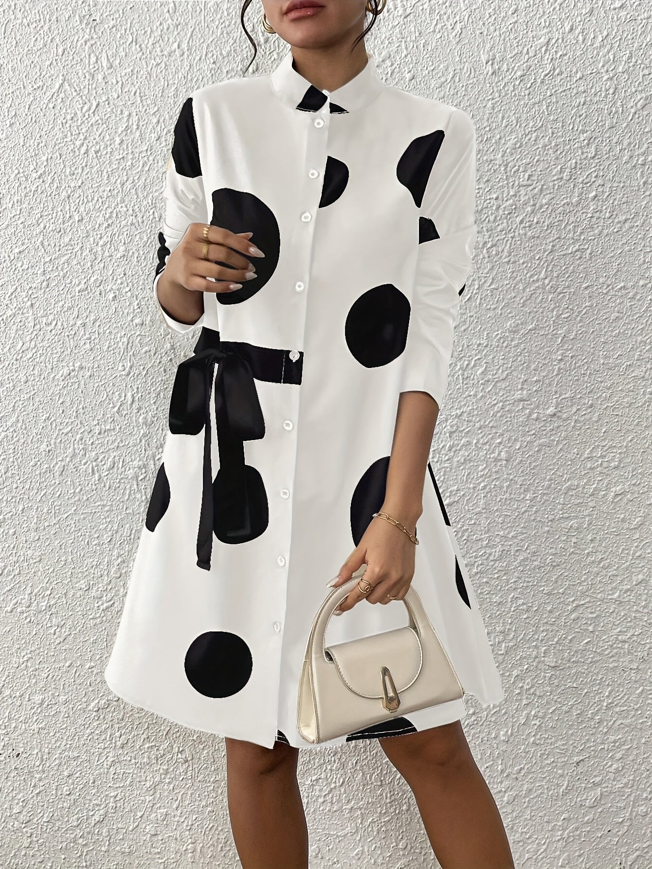 Women's Casual Polka Dot Long Sleeve Knee-Length Dress with Stand Collar and Bow Detail, 100% Polyester Woven Fabric, All-Season Loose Fit A-Line Dress with Flared Hem, Long Sleeve Dress